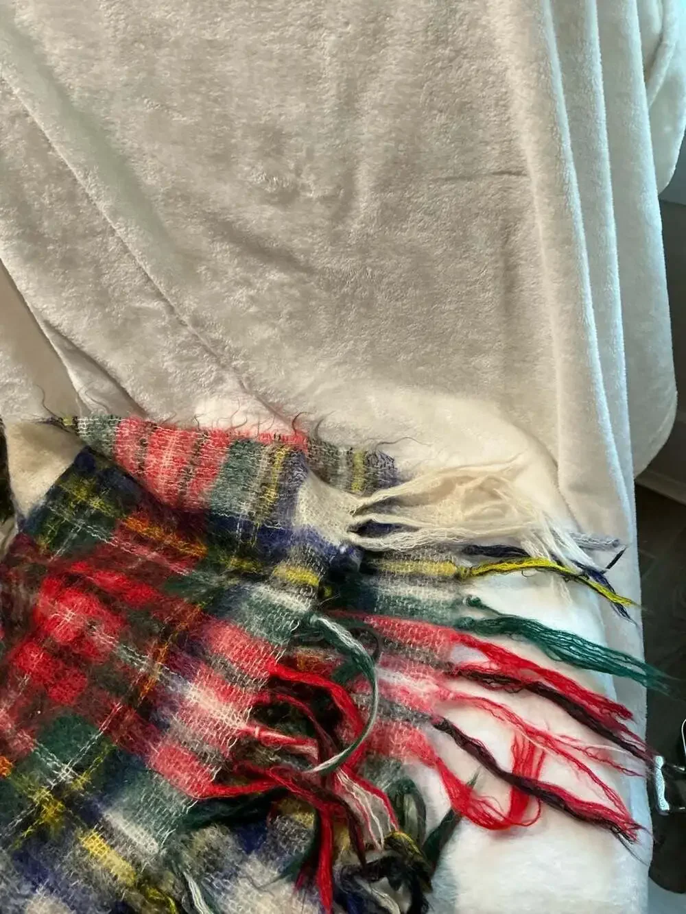 Vintage Tartan Plaid Mohair Wool Fringe Scarf Red Green Blue Multi